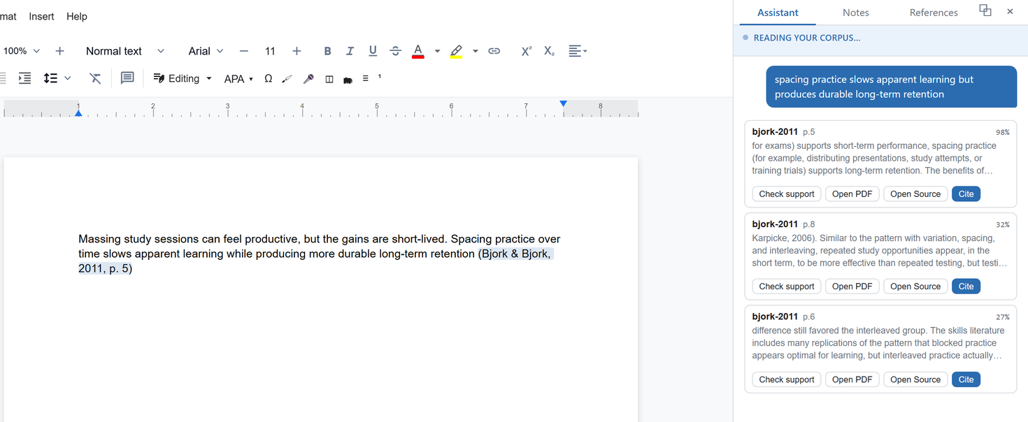 Vivascri: a cited sentence in the editor, with the matching passages from the writer's own PDF library in the side panel